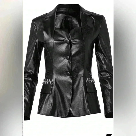 Chic Black Leather Jacket.
Snake Embossed Faux Leather Embellished Blazer - Picture 3 of 17